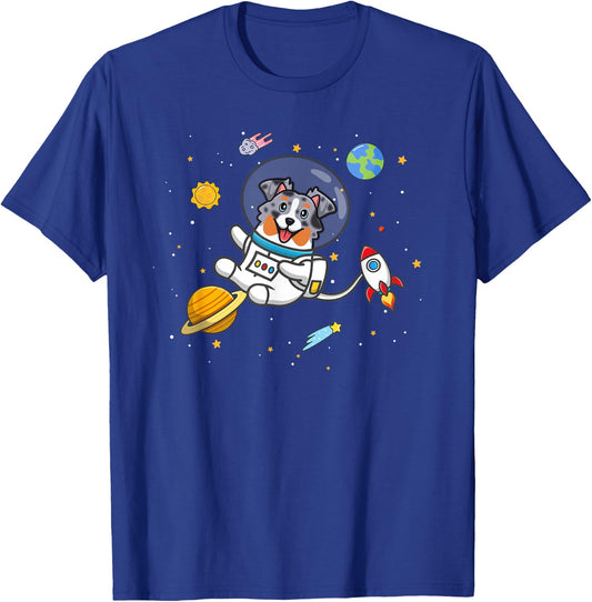 Funny Kawaii Kids Space Blue Merle Australian Shepherd Lover T-Shirt - T-Shirt | Royal