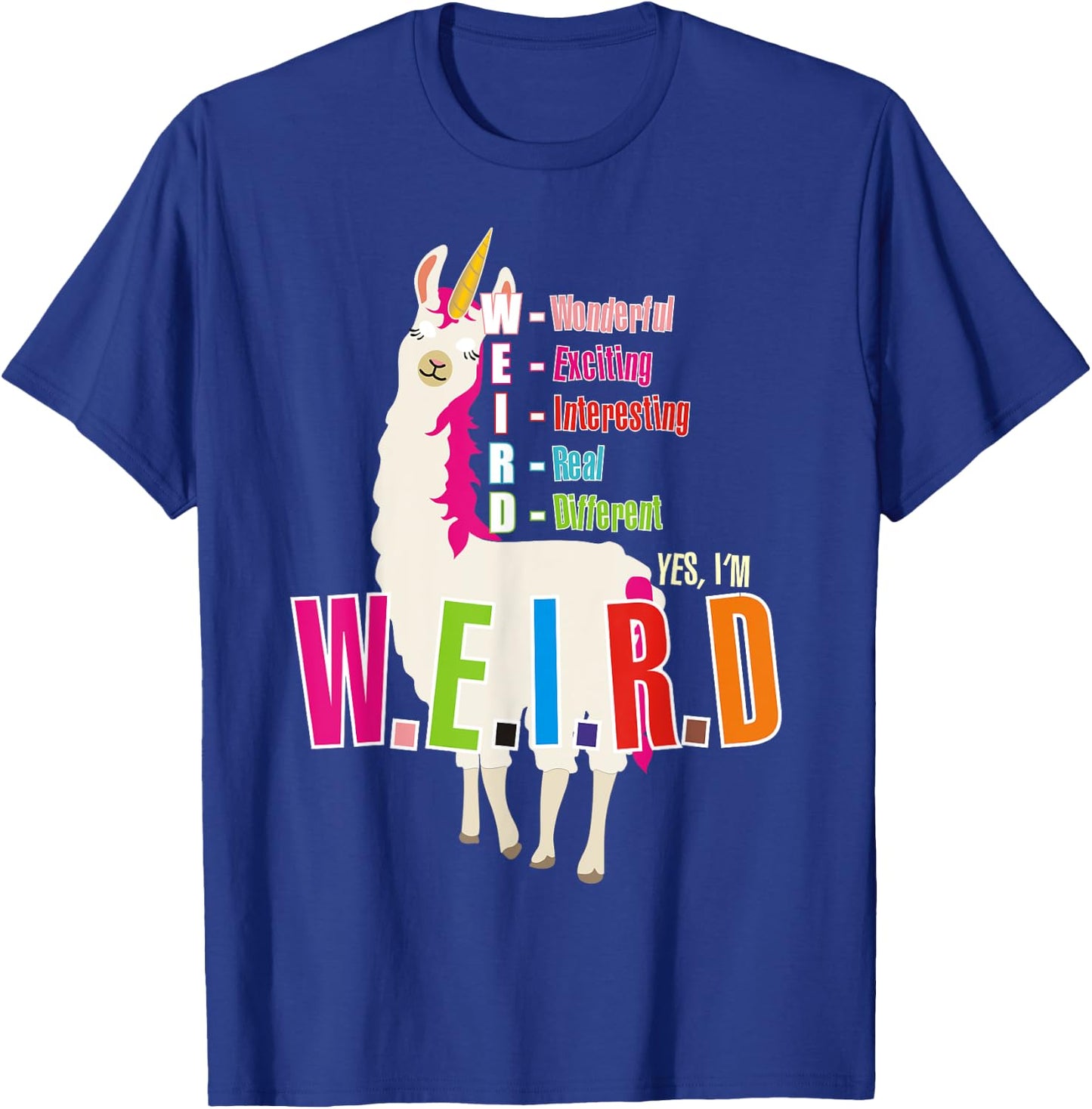 Yes I'm WEIRD Llamacorn Funny Cute Llama Unicorn T-Shirt - T-Shirt | Royal