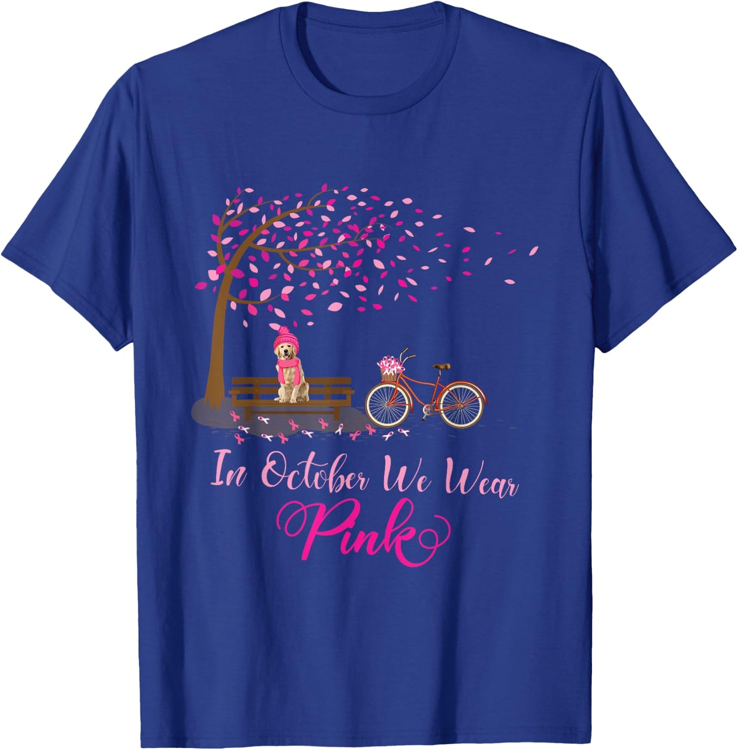 In October We Wear Pink with Golden Retriever Fall Cancer T-Shirt - T-Shirt | Royal