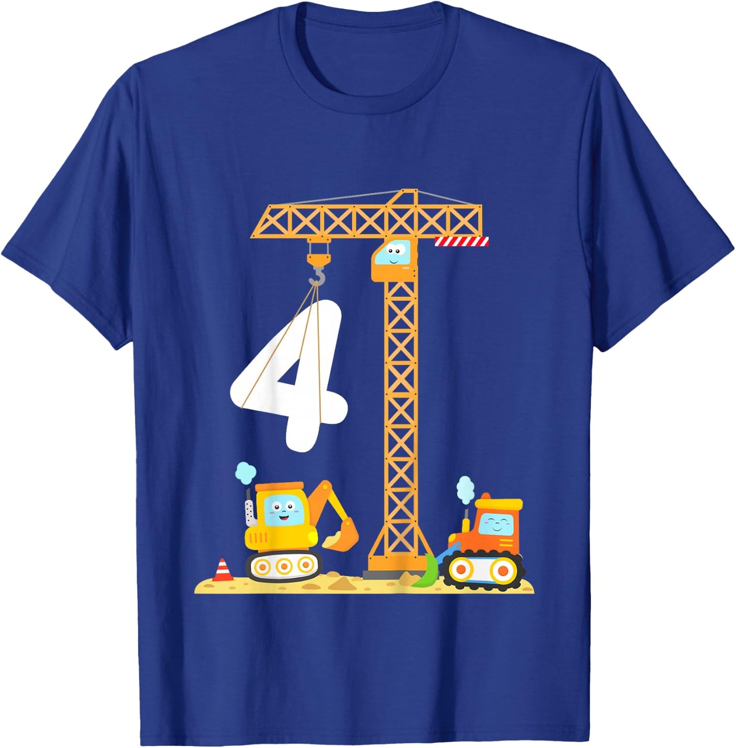 Kids Birthday 4 Year Old Boy Construction Vehicles Digger Crane T-Shirt - T-Shirt | Royal