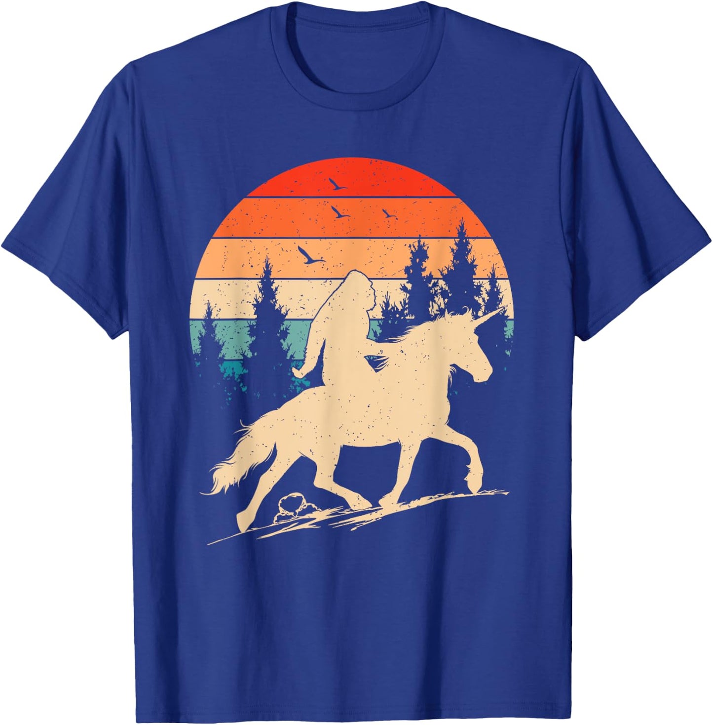 Bigfoot Riding Unicorn! Funny Sasquatch Unicorn Retro Sunset T-Shirt - T-Shirt | Royal