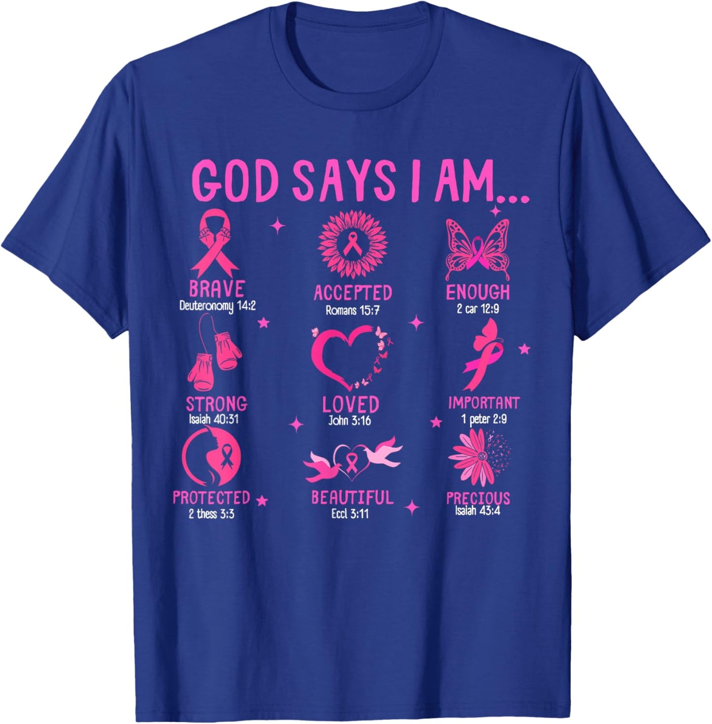 God Says I Am Breast Cancer Awareness Christian Bible Verse T-Shirt - T-Shirt | Royal