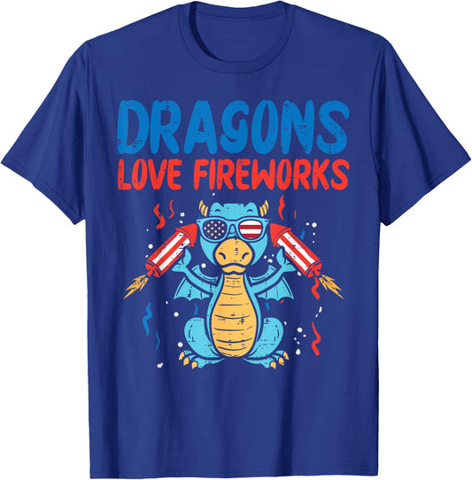 Dragons Love Fireworks Funny American 4th Of July Fourth T-Shirt - T-Shirt | Royal