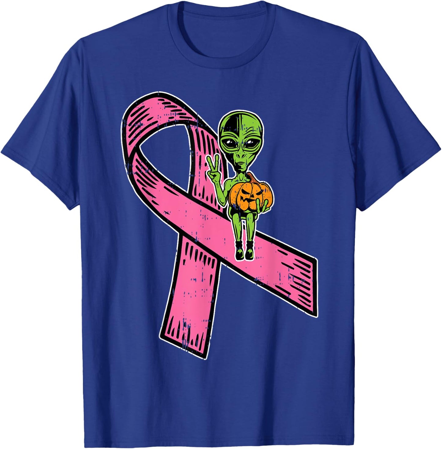 Pink Ribbon Alien Pumpkin Cool Halloween Breast Cancer Gifts T-Shirt - T-Shirt | Royal