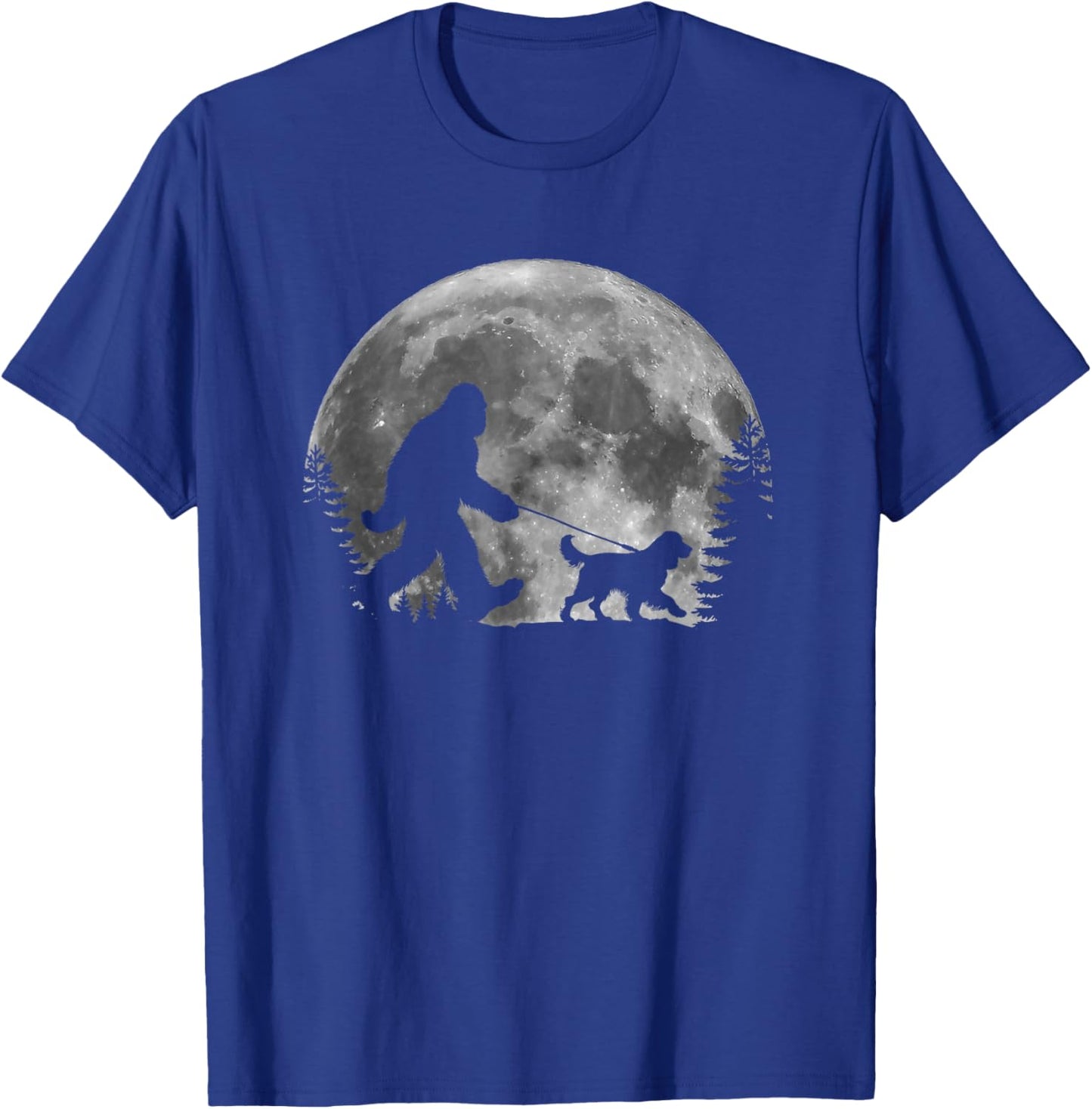 Bigfoot Walking a Dog Funny English Springer Spaniel Moon T-Shirt - T-Shirt | Royal