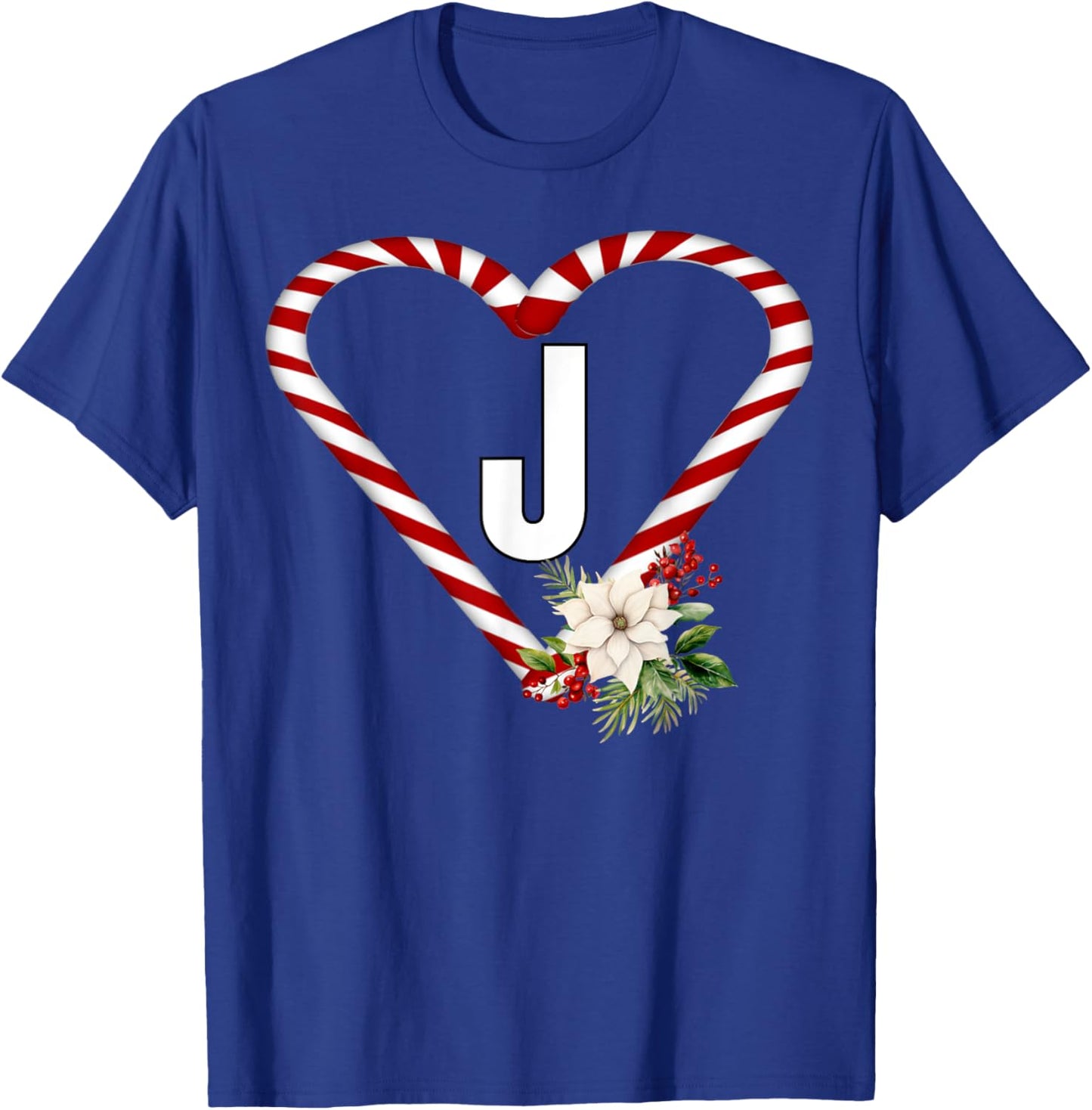 Letter J Christmas Candy Cane Holiday Novelty Christmas T-Shirt - T-Shirt | Royal