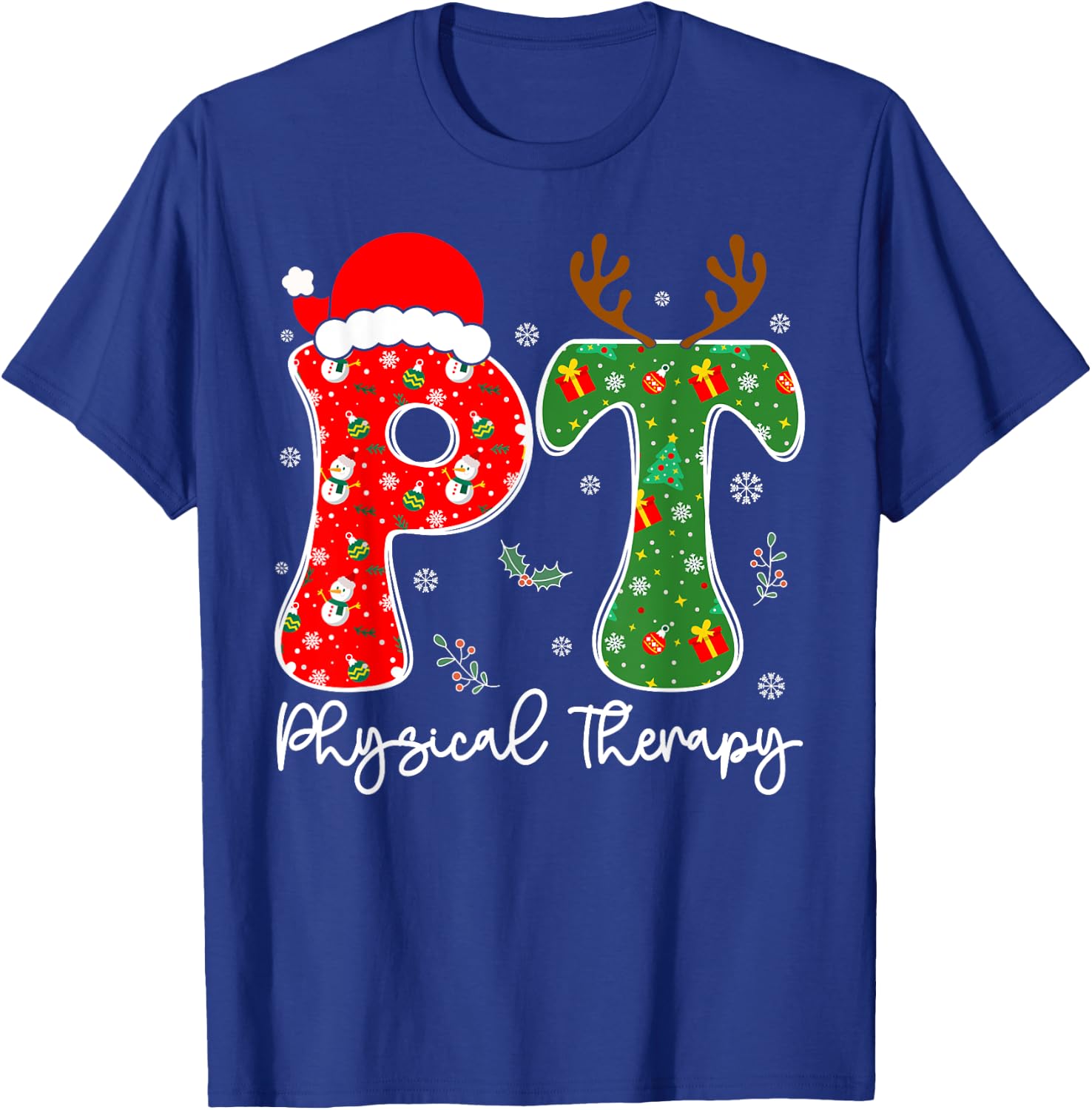 Funny Physical Therapy Christmas Santa Hat PT Therapist Xmas T-Shirt - T-Shirt | Royal