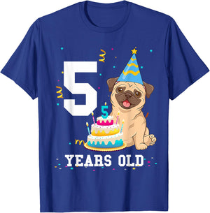 5 Years Old Birthday Pug Dog Lover Party Kids Boys Girls T-Shirt - T-Shirt | Royal