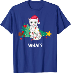 Funny White Cat Pushed Christmas Tree And Says What? T-Shirt - T-Shirt | Royal