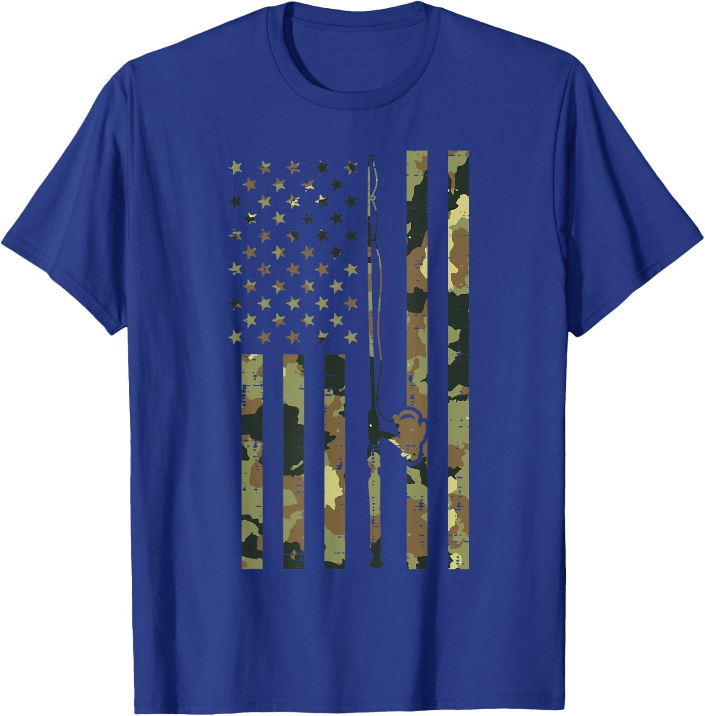 Camo US Flag Fishing Rod Pole Vintage Patriotic Fisherman T-Shirt - T-Shirt | Royal