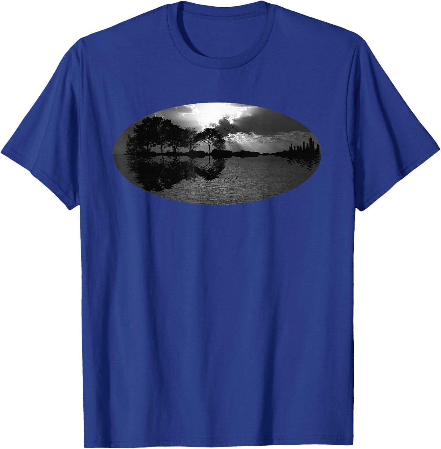 Guitar Sunset Sky Trees City Water Reflection Special Design T-Shirt - T-Shirt | Royal