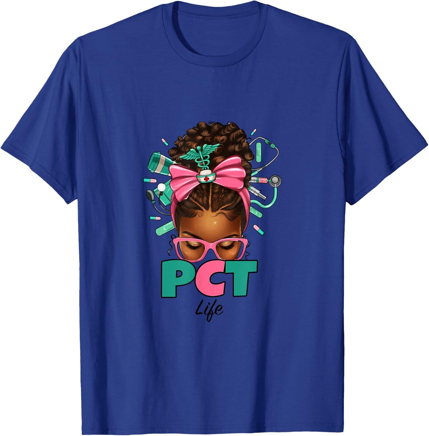 PCT Patient Care Technician Messy Bun African American Women T-Shirt - T-Shirt | Royal