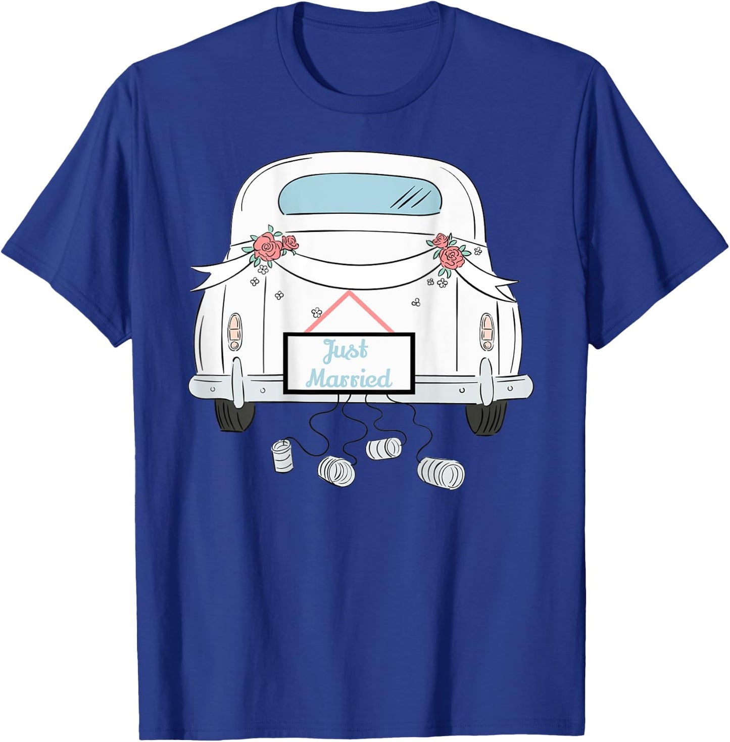 Just Married Honeymoon Car With Cans Design on Back T-Shirt - T-Shirt | Royal