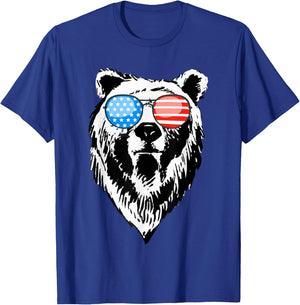 Funny Bear American USA Flag Sunglasses Camping Hunting Gift T-Shirt - T-Shirt | Royal