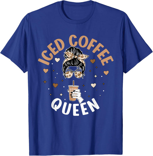 Iced Coffee Queen Women Messy Bun Cold Brew Coffee Quote T-Shirt - T-Shirt | Royal