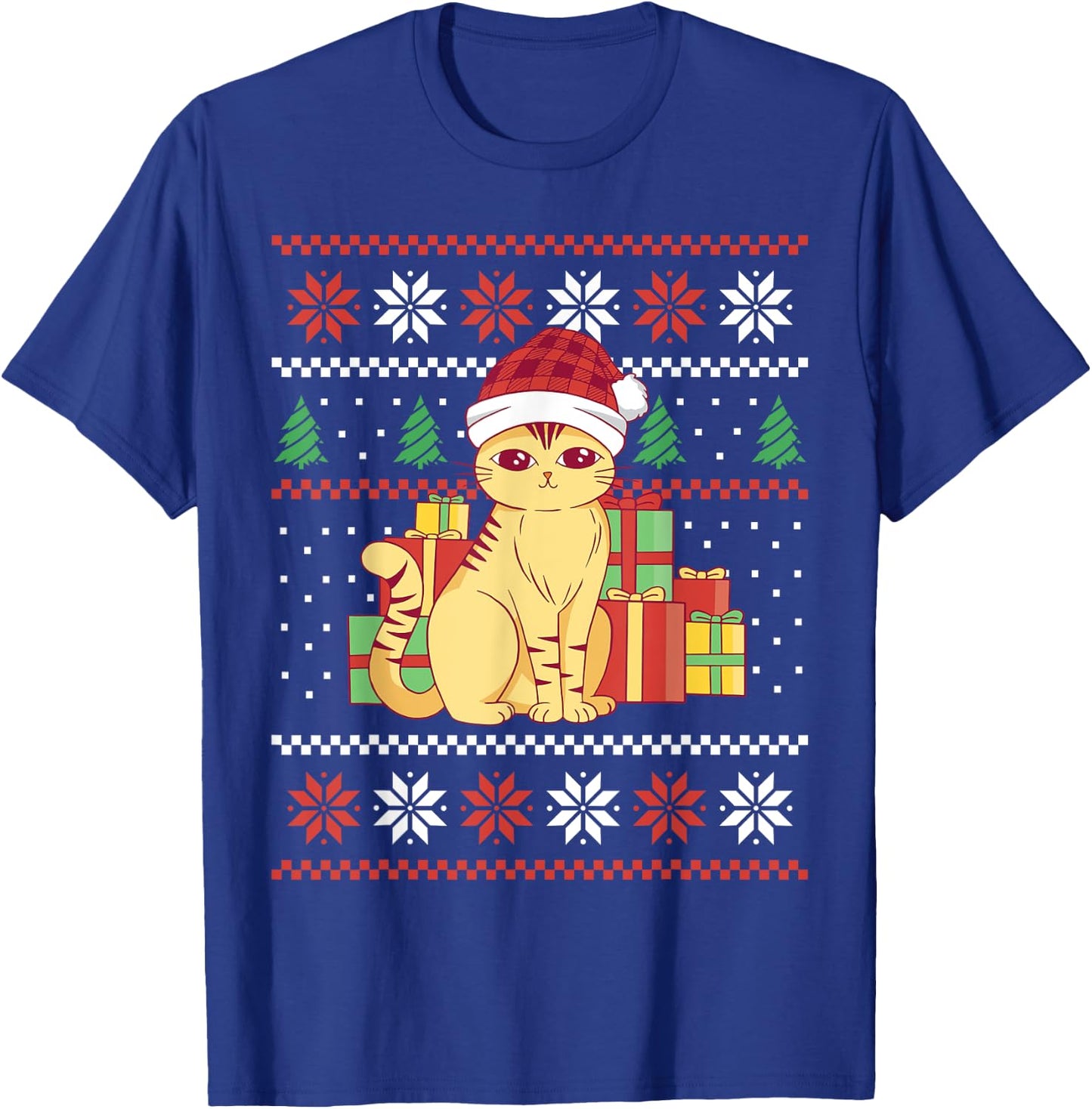 Funny Ugly Christmas Sweater Cat Design Xmas Men Women Kids T-Shirt - T-Shirt | Royal