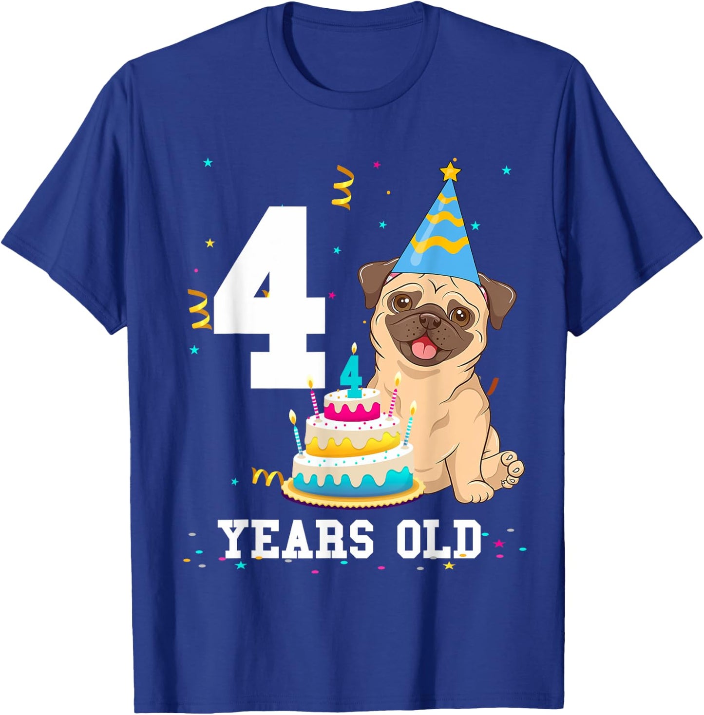 4 Years Old Birthday Pug Dog Lover Party Kids Boys Girls T-Shirt - T-Shirt | Royal