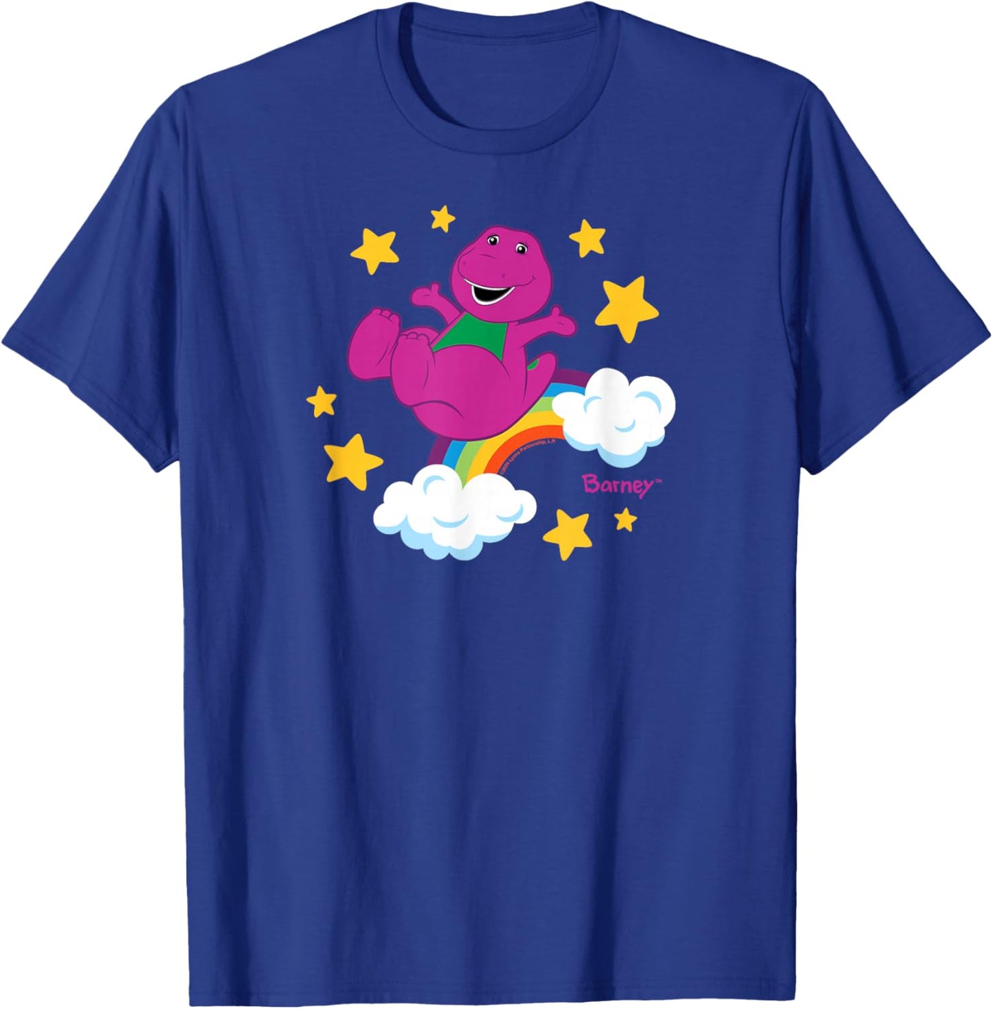 Barney - Sky Stars with Rainbow and Clouds, Purple Dino T-Shirt - T-Shirt | Royal