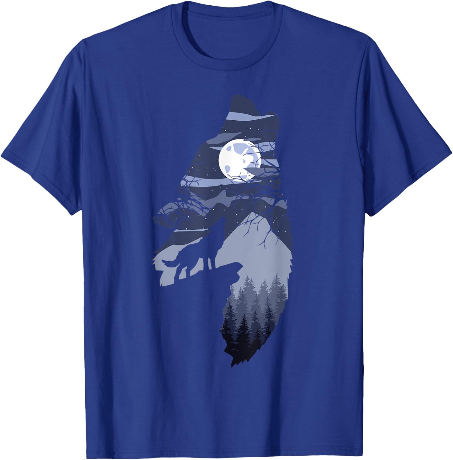 Forest with Full-Moon and Cliff Of Silhouette Howling Wolf T-Shirt - T-Shirt | Royal