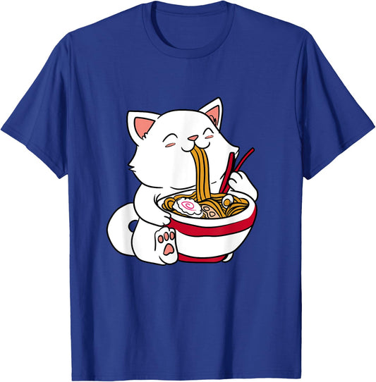 Brand Kawaii Cat Eating Ramen Noodles Japanese Food Anime T-Shirt - T-Shirt | Royal