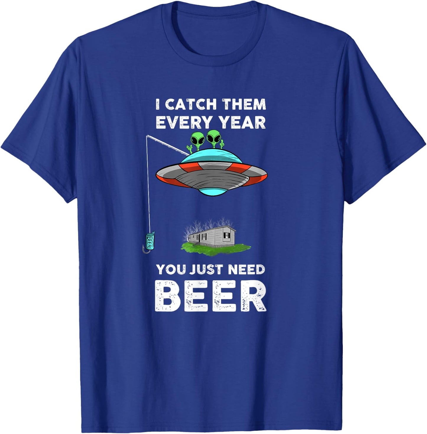 Funny Alien and UFO Redneck Fishing Beer Graphic T-Shirt - T-Shirt | Royal