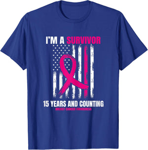 15 Year Survivor Gifts Pink Breast Cancer Awareness USA Flag T-Shirt - T-Shirt | Royal