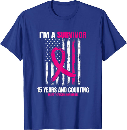 15 Year Survivor Gifts Pink Breast Cancer Awareness USA Flag T-Shirt - T-Shirt | Royal