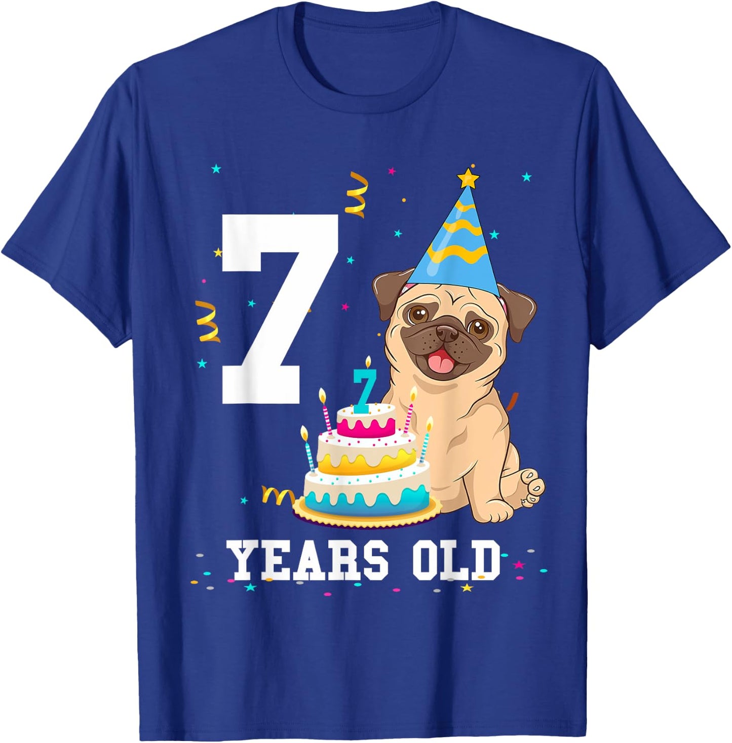 7 Years Old Birthday Pug Dog Lover Party Kids Boys Girls T-Shirt - T-Shirt | Royal