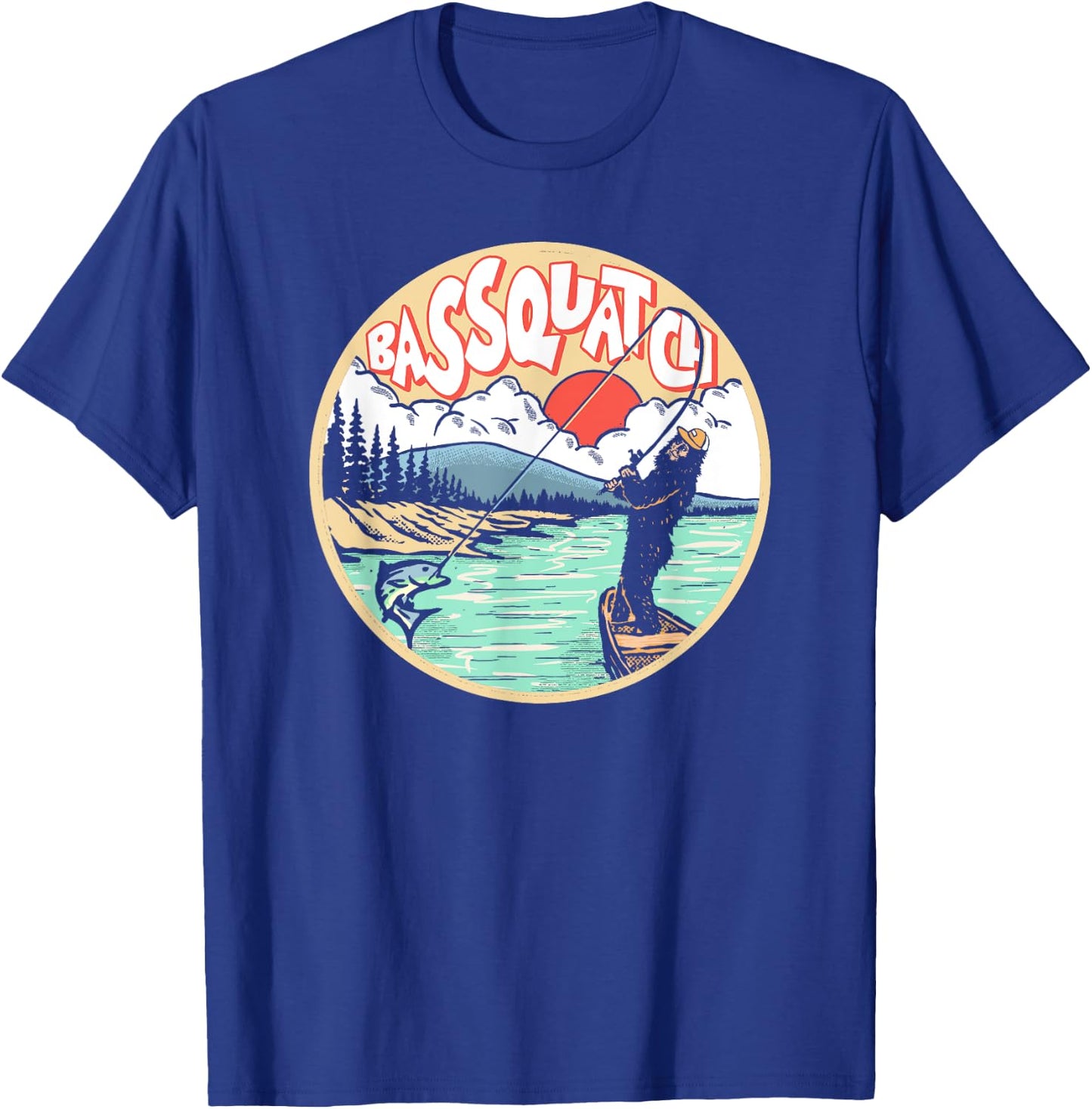 Bassquatch! Funny Bass Fishing Bigfoot on the Lake Sasquatch T-Shirt - T-Shirt | Royal