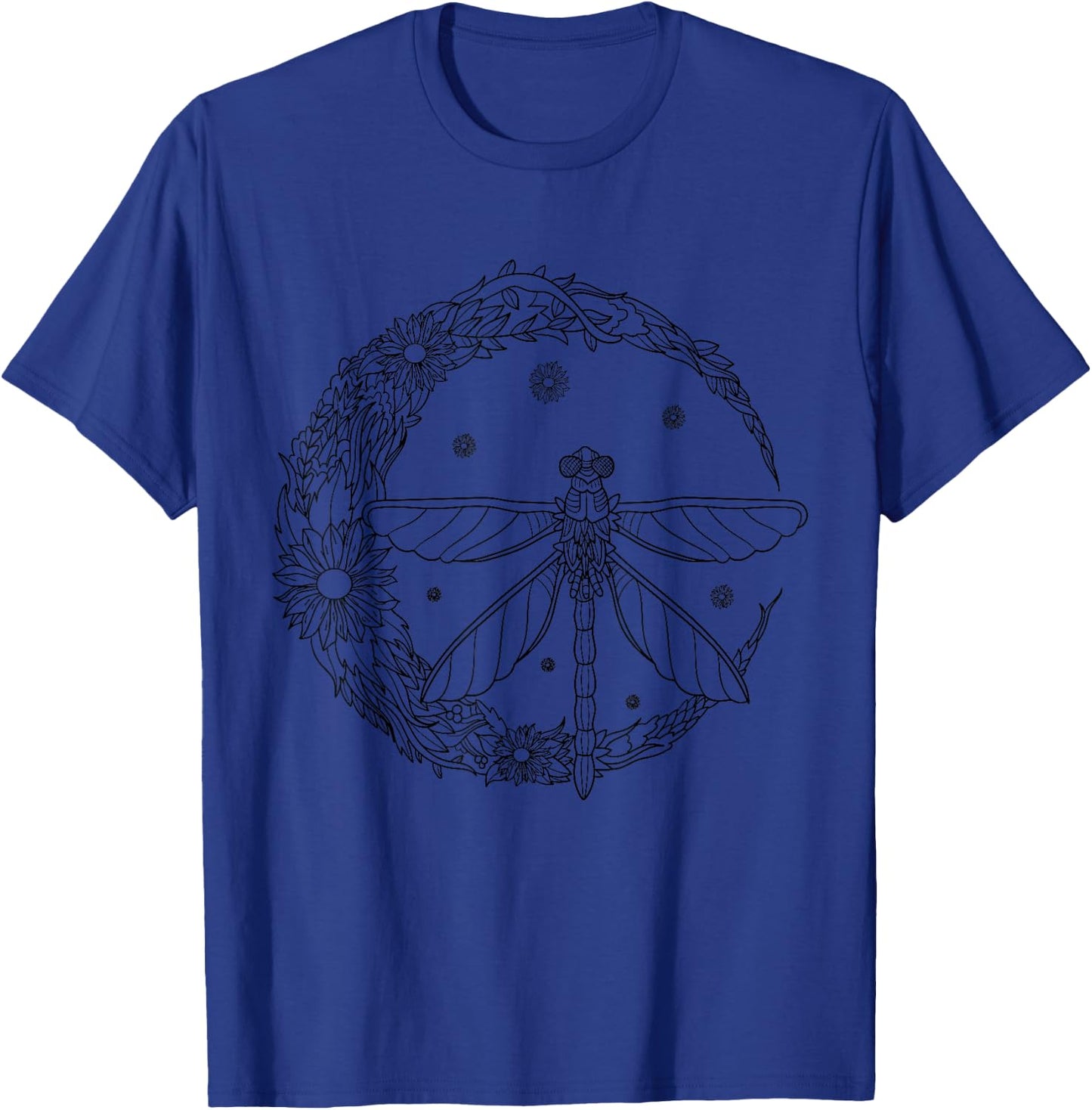 Dragonfly Crescent Moon Peace Sign Vintage Hippie Floral T-Shirt - T-Shirt | Royal