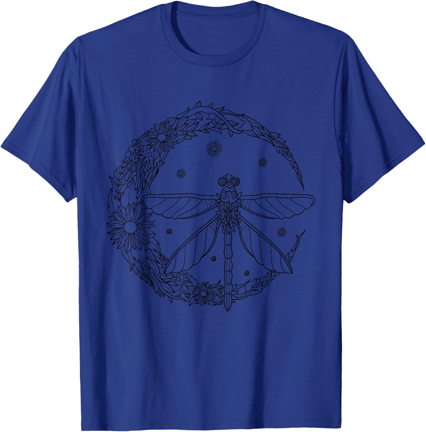Dragonfly Crescent Moon Peace Sign Vintage Hippie Floral T-Shirt - T-Shirt | Royal