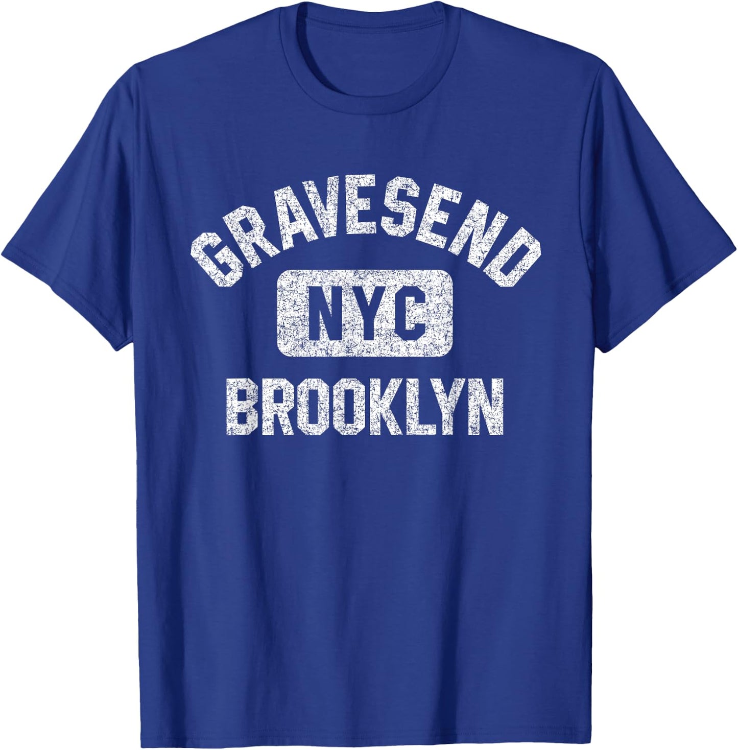 Gravesend Brooklyn NYC Gym Style Distressed White Print T-Shirt - T-Shirt | Royal