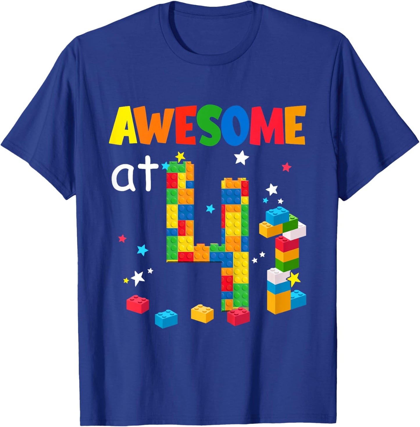 Kids Building Blocks Bricks Awesome at 4 Years Old Birthday Boy T-Shirt - T-Shirt | Royal