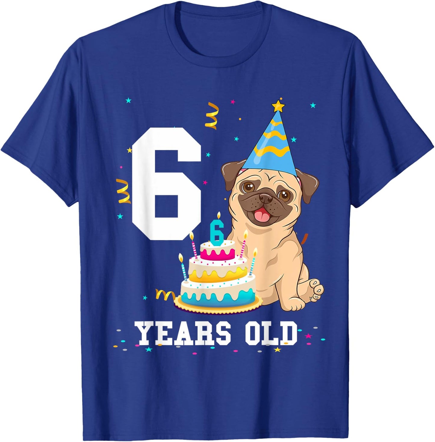 6 Years Old Birthday Pug Dog Lover Party Kids Boys Girls T-Shirt - T-Shirt | Royal