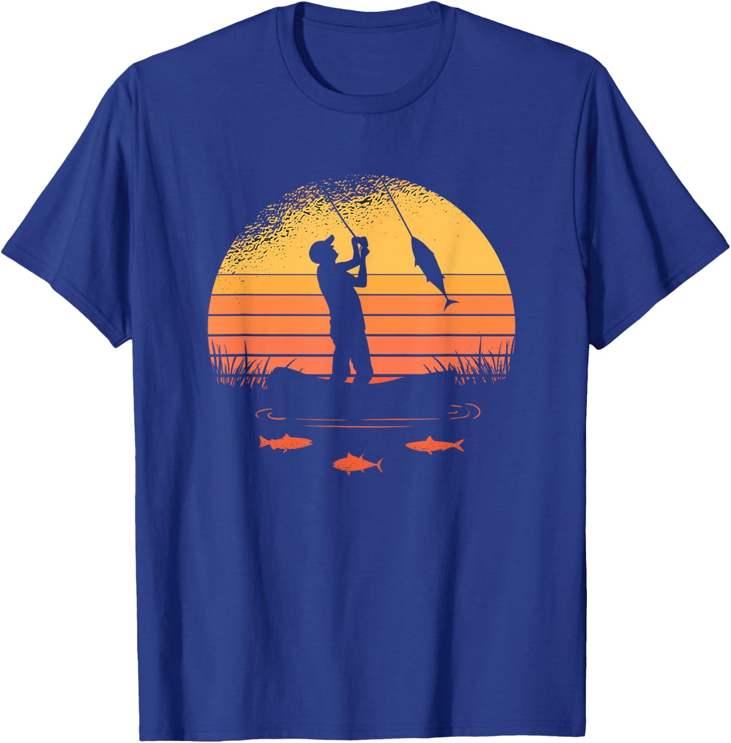 Fisherman Sunset catching a fish & view beneath the water T-Shirt - T-Shirt | Royal