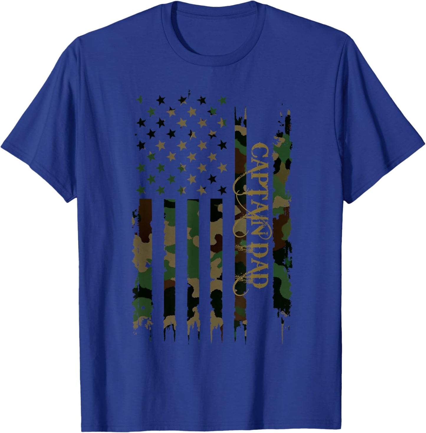 Captain Dad United States Distressed Camo w US Flag T-Shirt - T-Shirt | Royal
