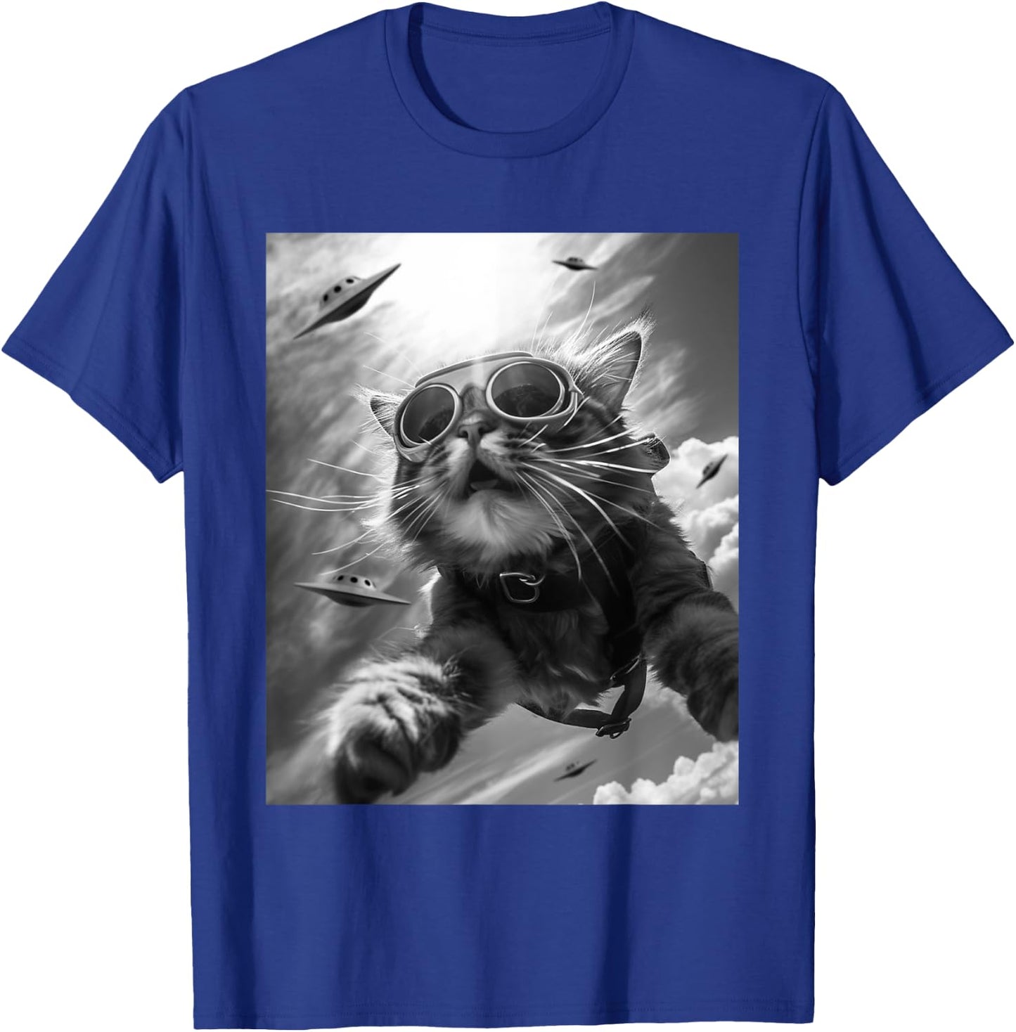 Funny Skydiving Cat Selfie with Alien UFOs Men Women Kids T-Shirt - T-Shirt | Royal