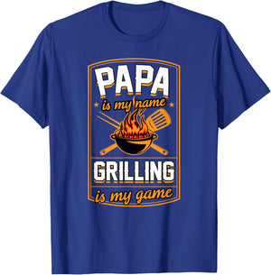 Papa Is My Name Grilling Is My Game Funny Grill Dad T-Shirt - T-Shirt | Royal