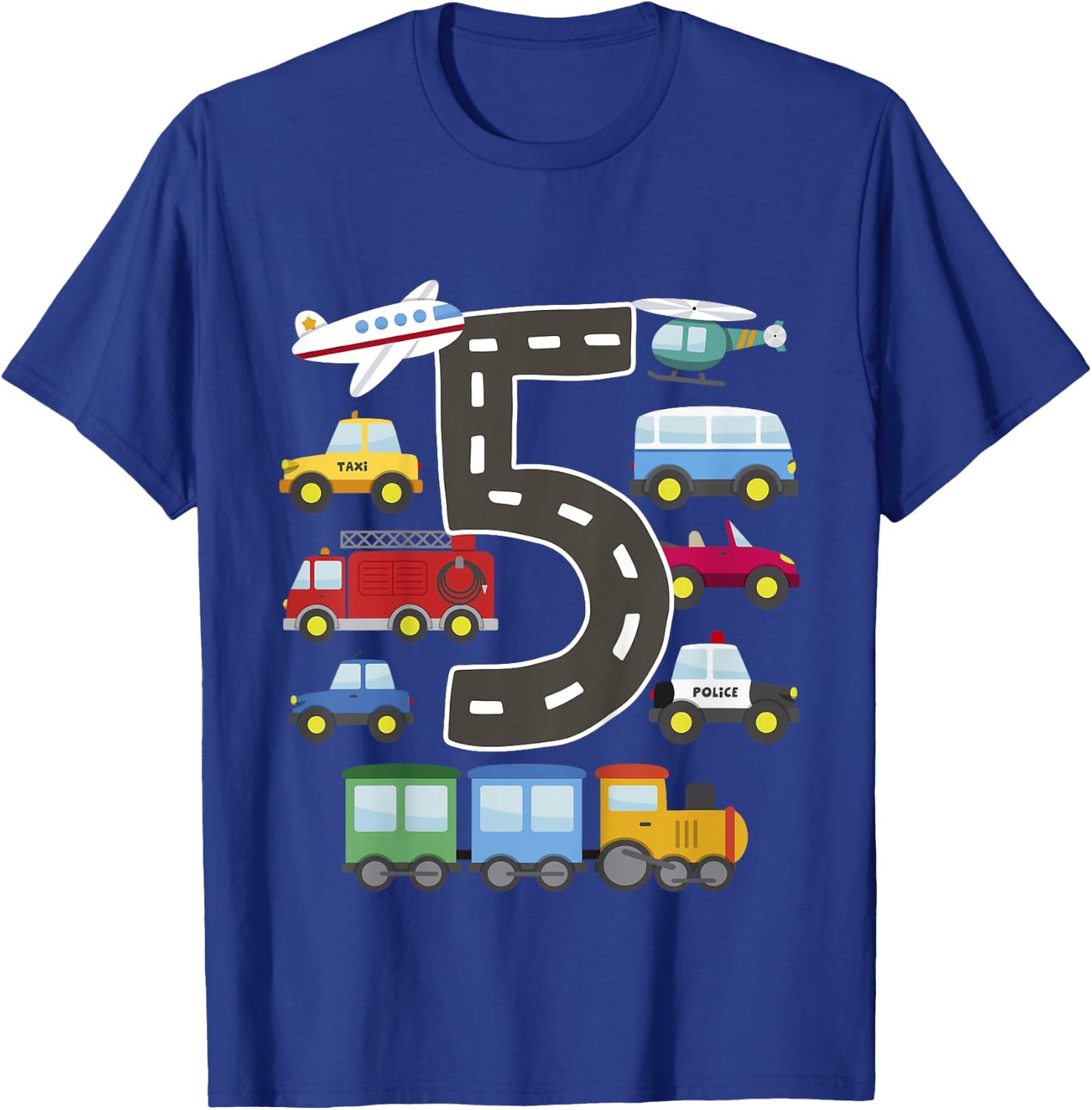 5 Year Old Transportation Birthday Car Train Plane 5th Gift T-Shirt - T-Shirt | Royal