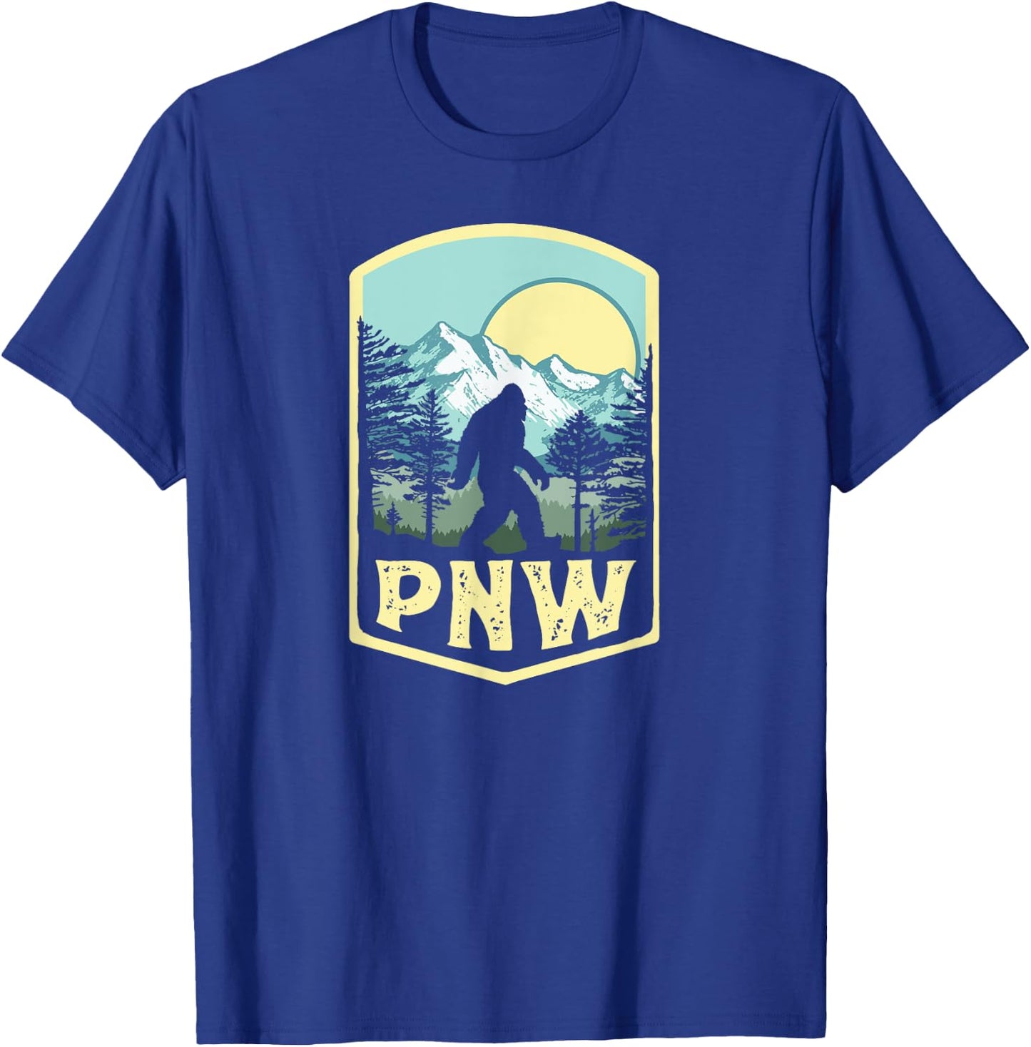 Vintage PNW Bigfoot Outdoor Badge Mountains & Trees T-Shirt - T-Shirt | Royal