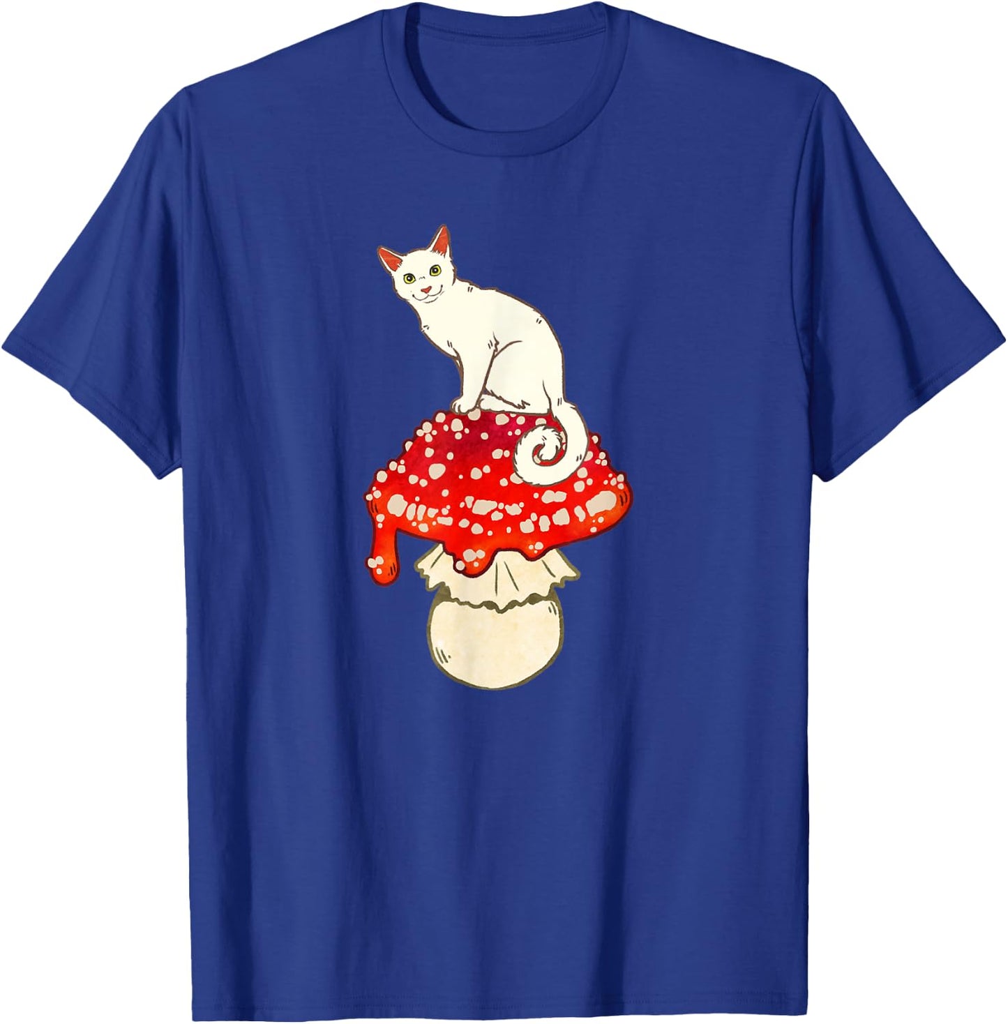 Cute White Cat Sitting on Red Spotted Mushroom T-Shirt - T-Shirt | Royal