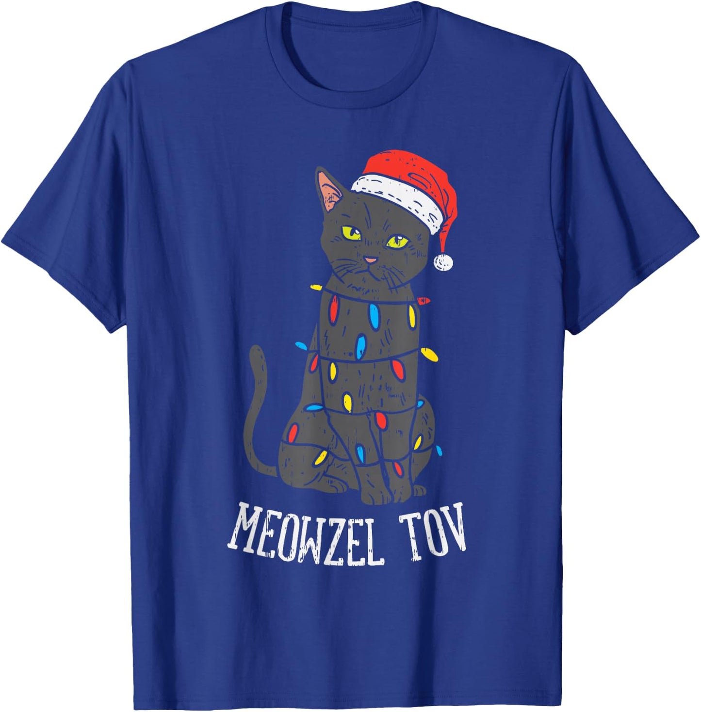 Meowzel Tov Hanukkah Black Cat Christmas Lights Pet Gift T-Shirt - T-Shirt | Royal