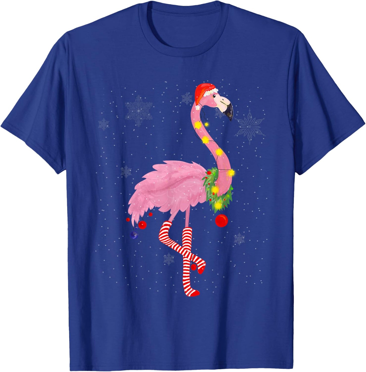 Cute Pink Flamingo with Snow, Lights and Santa Hat Christmas T-Shirt - T-Shirt | Royal