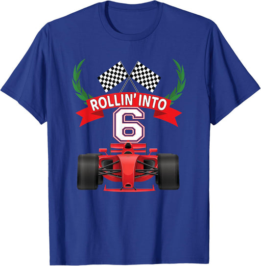 Rollin into 6 Years Old Racing Car Boys 6th Birthday Party T-Shirt - T-Shirt | Royal