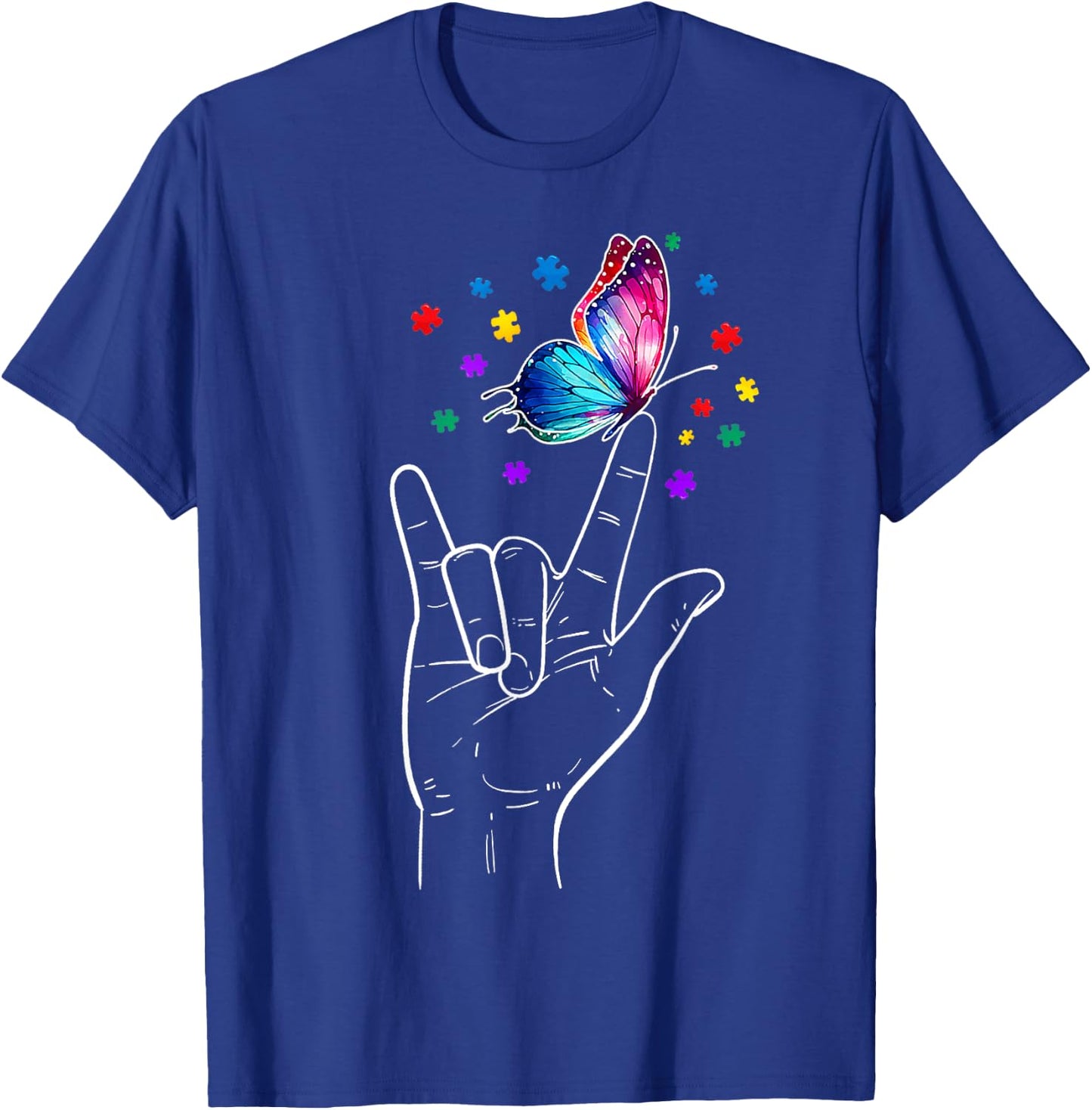 I Love You Hand Sign Language Butterfly Autism Awareness T-Shirt - T-Shirt | Royal
