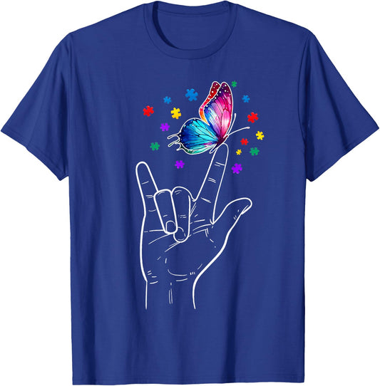 I Love You Hand Sign Language Butterfly Autism Awareness T-Shirt - T-Shirt | Royal