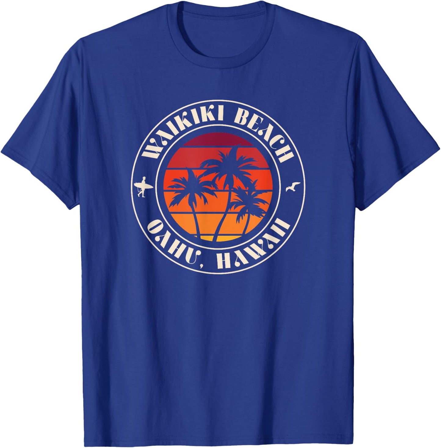 Hawaii Oahu Sunset Surfer and Seagull Waikiki Beach Women Kids T-Shirt - T-Shirt | Royal