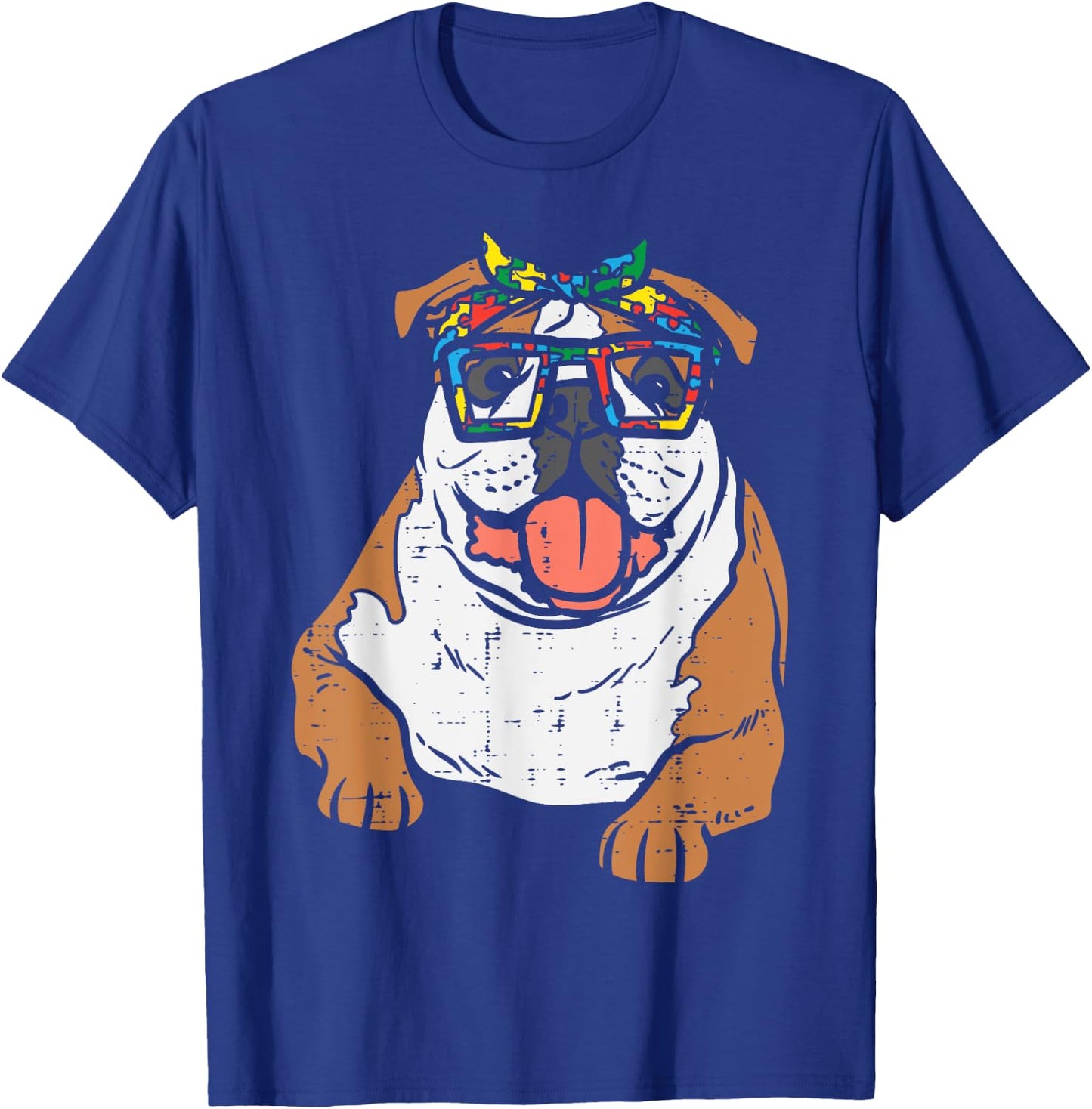English Bulldog Puzzle Bandana Glasses Autism Awareness Dog T-Shirt - T-Shirt | Royal