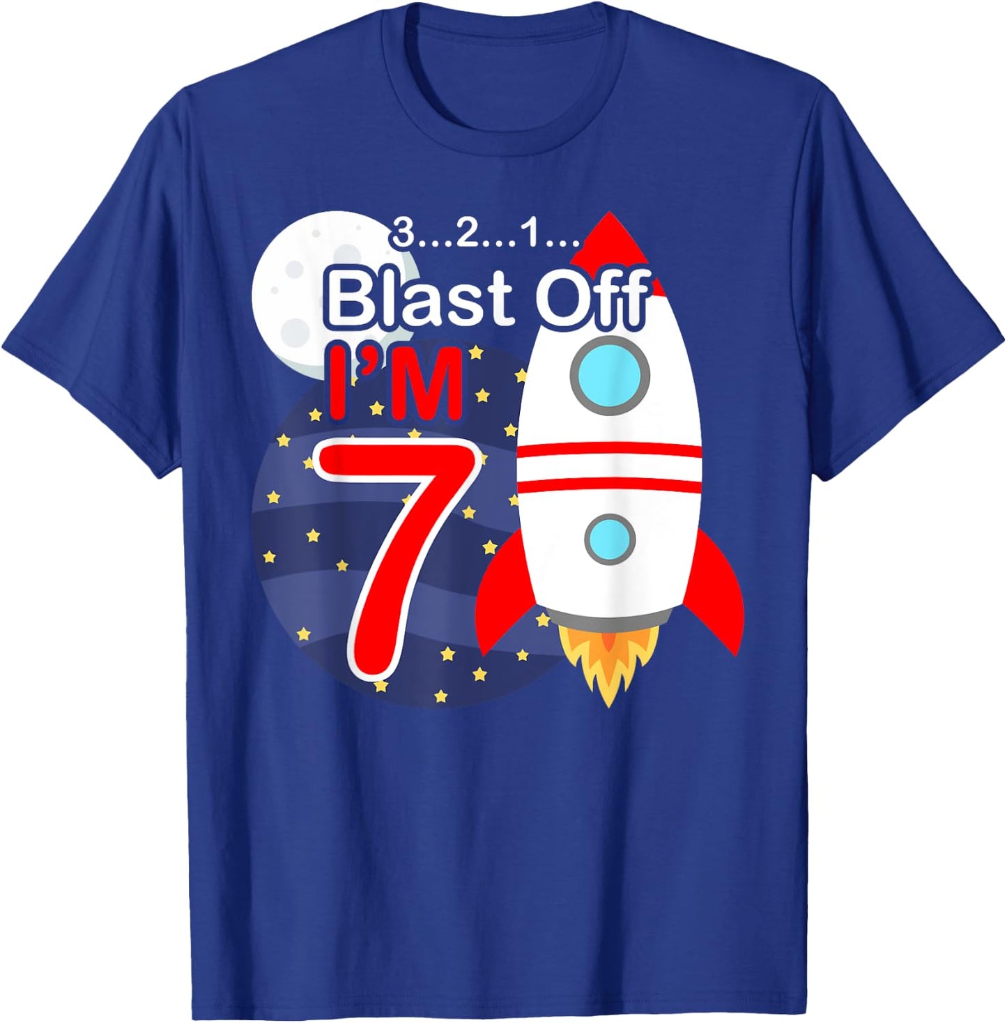 Funny 7th Birthday Gift Boys 7 Years Old Outer Space Rocket T-Shirt - T-Shirt | Royal