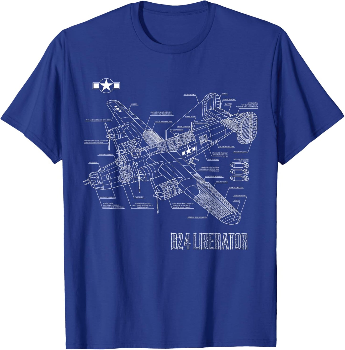 World War 2 Aircraft Blueprint WWII B24 Liberator Bomber T-Shirt - T-Shirt | Royal